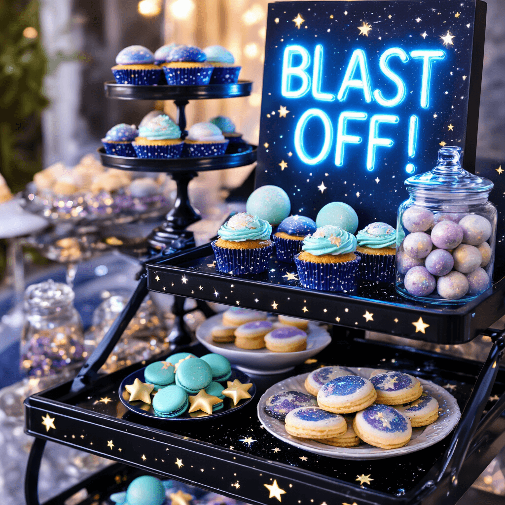 A close-up of a space-themed dessert cart featuring galaxy-swirl cupcakes, moon rock macarons, constellation cookies, and whimsical treats like 'moon dust' jars and 'asteroid pops', all highlighted by a neon 'Blast Off!' sign and glowing star stickers.