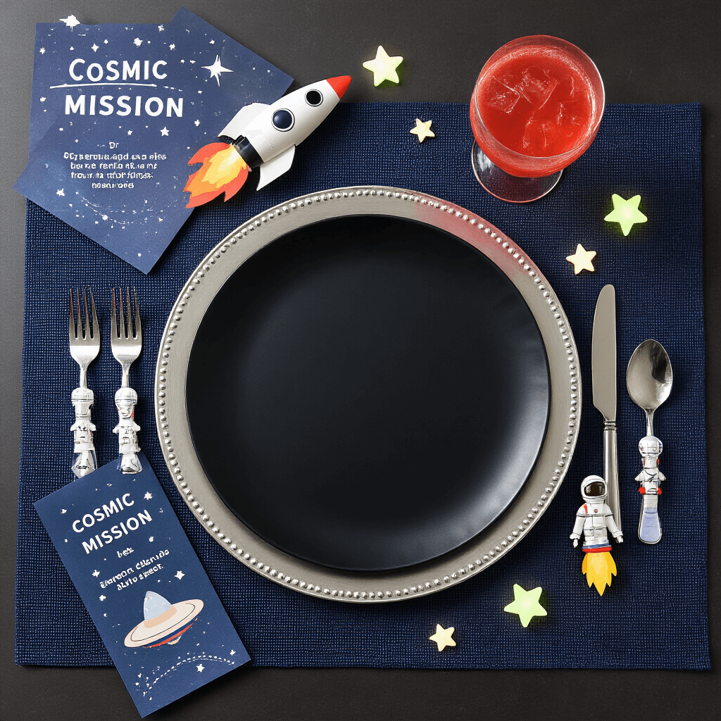 An overhead view of a space-themed party place setting featuring a sleek black plate on a textured navy blue placemat, surrounded by a silver charger, cosmic mission menus, astronaut-shaped utensils, scattered glow-in-the-dark stars, a miniature rocket ship place card holder, and a napkin folded like a space shuttle, with a vibrant Mars-red mocktail in a futuristic glass.