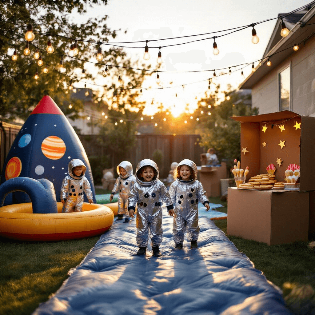 A backyard transformed into a space exploration zone, featuring children in tinfoil space suits on an inflatable lunar obstacle course, string lights overhead, a cardboard rocket ship photo booth, and a 'mission control' snack station, all bathed in warm golden hour light.