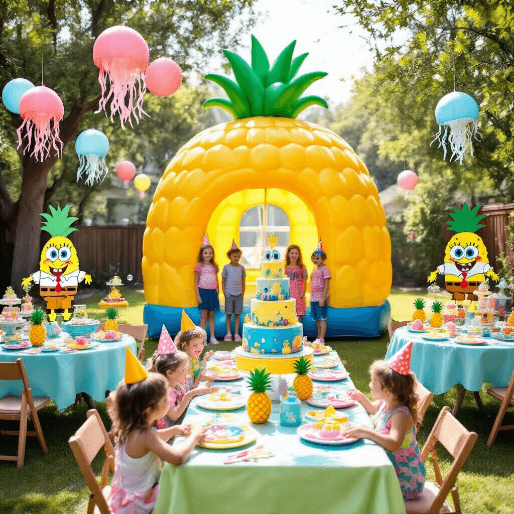 A vibrant SpongeBob-themed birthday party in a sunlit backyard featuring a pineapple-shaped bounce house, ocean blue and coral pink balloons, sea-green tablecloths with pineapple centerpieces, a Bikini Bottom cake, handmade jellyfish lanterns, and children playing with life-sized character cutouts.