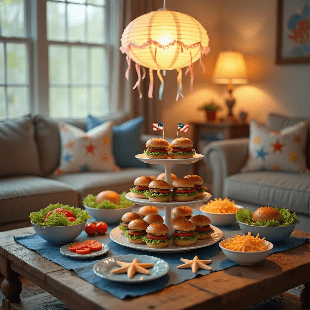 An intimate SpongeBob-themed celebration in a cozy living room with soft, warm lighting, focusing on a coffee table styled as a 'Crabby Patty' station, featuring a rustic wood top, ocean-blue linens, starfish-shaped plates, and a tiered stand of slider burgers with SpongeBob flags, surrounded by bowls of fresh toppings, all illuminated by a DIY jellyfish lamp.