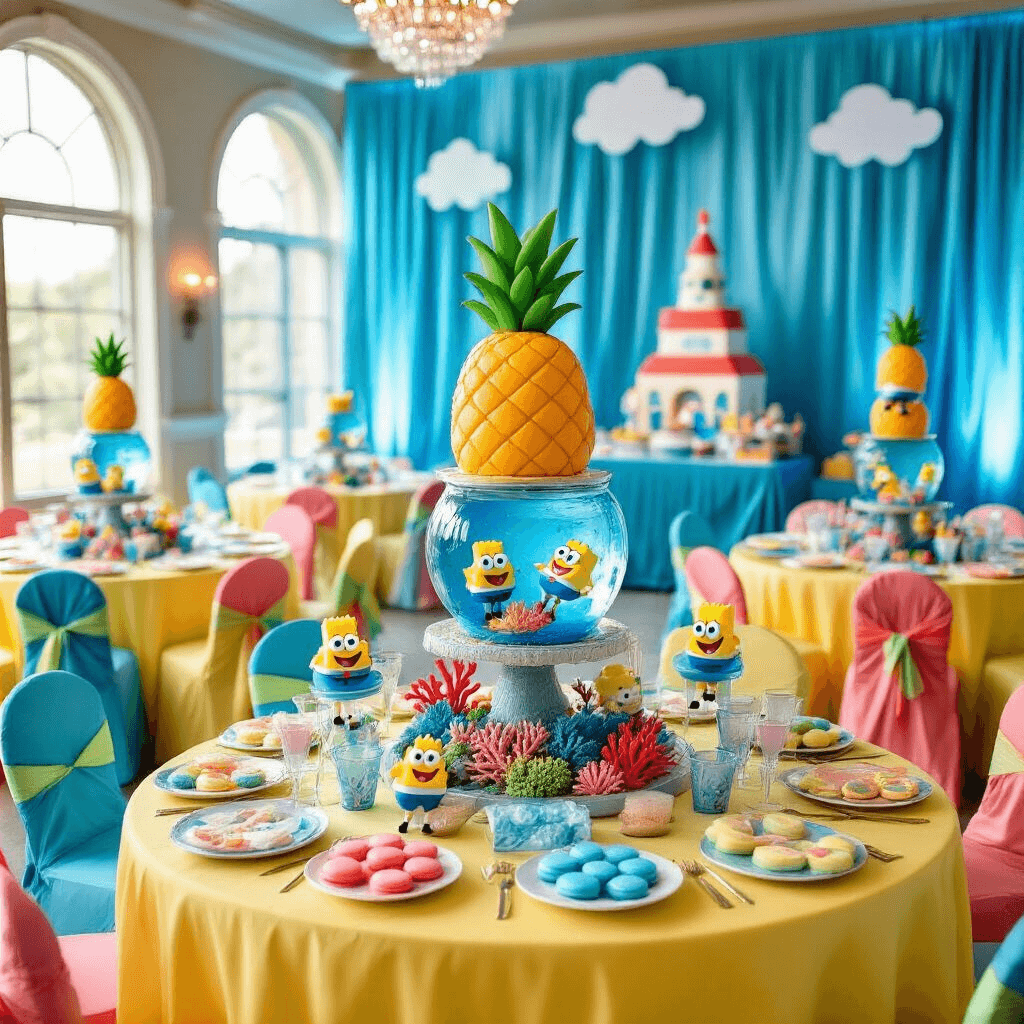 A grand SpongeBob-themed party setup in an indoor ballroom featuring yellow-draped tables with aquarium centerpieces, alternating chair covers, and a backdrop of blue curtains with a Krusty Krab sign. A dessert cart showcases a pineapple cake surrounded by ocean blue macarons and SpongeBob-shaped cookies.