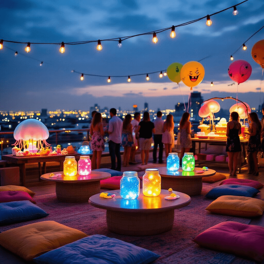 A vibrant nighttime rooftop celebration inspired by SpongeBob SquarePants, featuring low tables with colorful floor cushions, glowing Mason jar centerpieces, a jellyfish-themed cotton candy station, and oversized character balloons, all illuminated by string lights against a city skyline backdrop.