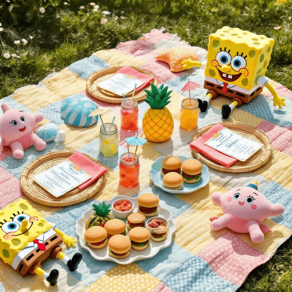 Flat lay of a SpongeBob-themed birthday brunch in a sunlit garden, featuring a patchwork picnic blanket, bamboo plates with pineapple menus, a 'build-your-own Krabby Patty' station, ocean water punch in mason jars, and scattered SpongeBob plush toys and beach-themed favors.