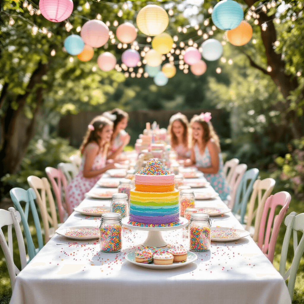 Sprinkle Birthday Party: The Ultimate Guide to a Colorful Celebration A sun-drenched backyard birthday party featuring a long farmhouse table with a white linen tablecloth adorned with colorful sprinkle-filled glass jars, surrounded by mismatched pastel chairs, with twinkling fairy lights and paper lanterns overhead. In the foreground, a dessert cart showcases a rainbow layer cake and sprinkle-covered treats, while guests in polka dots and stripes laugh softly in the background.