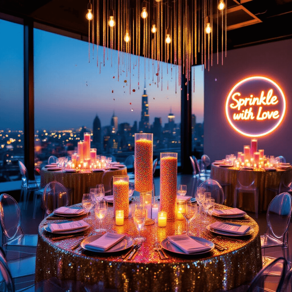 Sprinkle Birthday Party: The Ultimate Guide to a Colorful Celebration An elegant rooftop soirée at twilight, featuring round tables with gold sequin linens and tall glass vases filled with ombré sprinkles. Sleek ghost chairs surround the tables, and modern chandeliers adorned with iridescent beads hang above. A neon sign reading 'Sprinkle with Love' is set against a backdrop of metallic confetti, with warm golden hour light illuminating the scene, including sprinkle-rimmed champagne flutes and glistening place settings.