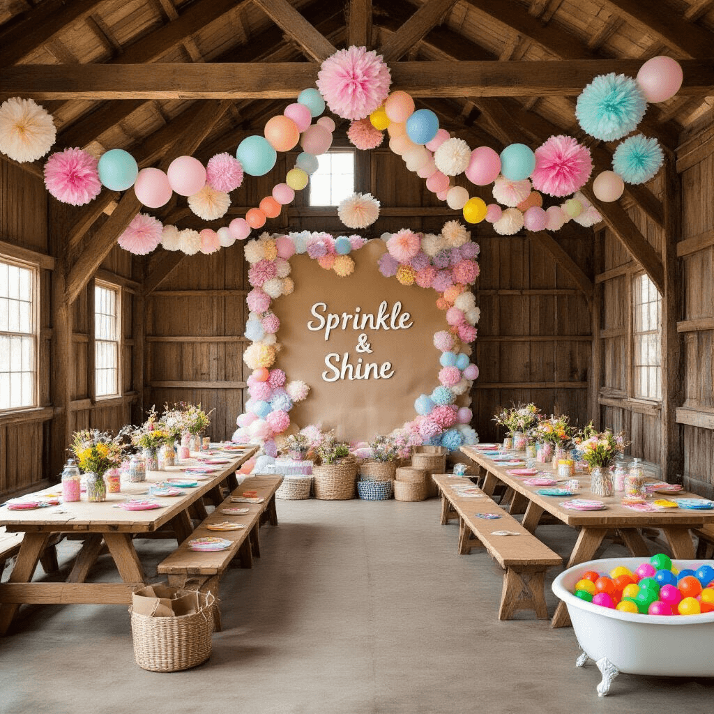 Sprinkle Birthday Party: The Ultimate Guide to a Colorful Celebration A vibrant barn interior transformed into a sprinkle-themed birthday celebration, featuring pastel balloon garlands, picnic tables with rainbow place settings, mason jar centerpieces, a backdrop of oversized paper flowers, and a vintage bathtub filled with colorful ball pit balls, all illuminated by natural light.