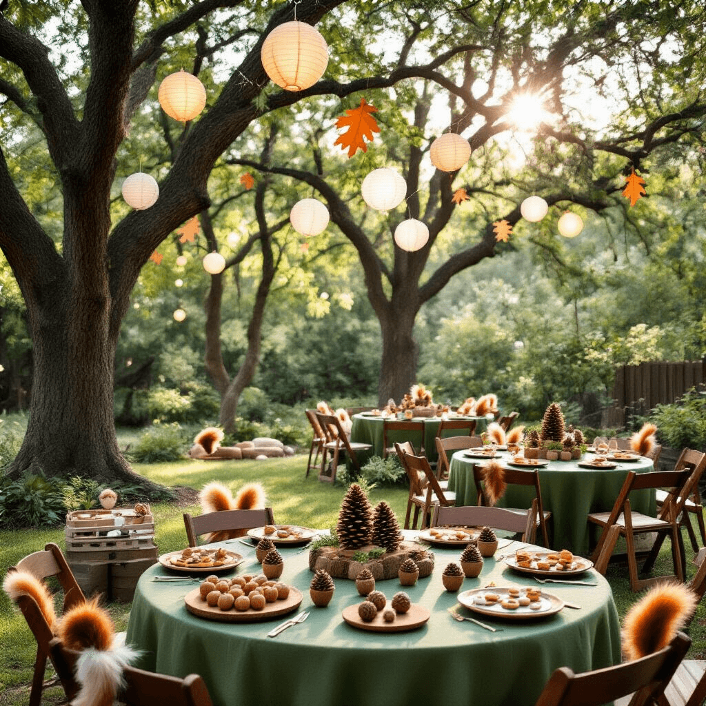 A whimsical squirrel-themed birthday party set in a cozy backyard, with round tables draped in green linens, pinecone centerpieces, rustic platters of treats, and a canopy of twinkling lights and paper lanterns, all illuminated by soft afternoon light filtering through oak trees. A DIY craft station is visible in the foreground, featuring natural materials for mask-making, with colorful felt squirrel tails adorning the chairs.