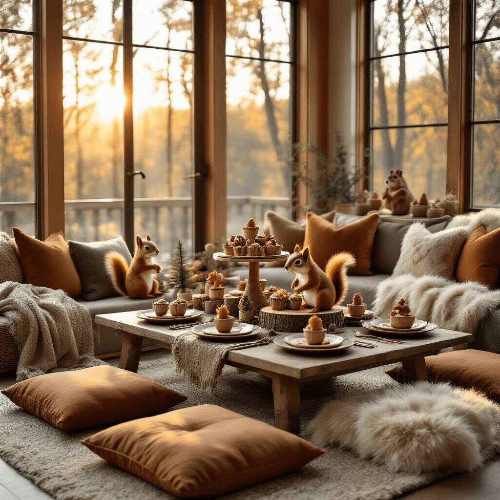 A cozy squirrel-themed celebration in a warmly lit living room, featuring a low table with woodland-inspired place settings, a whimsical squirrel-shaped cake, and plush floor cushions, all surrounded by soft blankets and decorative woodland figurines.