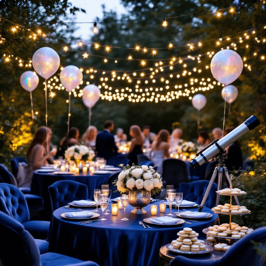 A magical outdoor garden party at dusk, featuring twinkling fairy lights, round tables with midnight blue silk linens, silver vases of white roses, iridescent star-shaped balloons, guests in velvet lounge chairs sipping champagne, a telescope for stargazing, and constellation-themed cookies on silver platters.