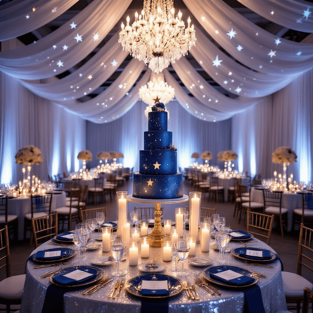 An elegant ballroom transformed into a celestial wonderland, with sheer white drapery, illuminated star patterns, long tables adorned with silver sequin linens, pillar candles, deep blue plates with gold rims, personalized star chart menus, a grand galaxy-themed cake, and a massive crystal chandelier overhead.