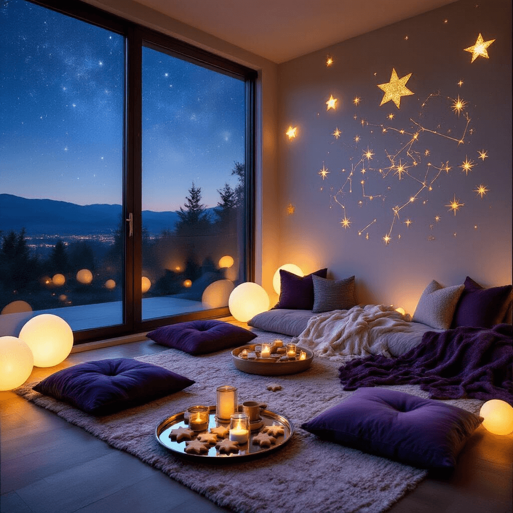 A cozy living room designed for stargazing, featuring floor-to-ceiling windows with a clear night sky, plush floor cushions around low tables, soft throw blankets in deep purples and blues, a feature wall with hand-painted gold constellations, glowing orb lights resembling celestial bodies, and a DIY hot chocolate bar with galaxy-swirled marshmallows and star-shaped cookies on a mirrored tray.