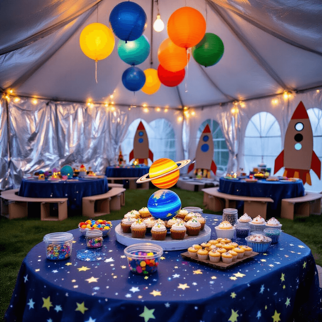 A whimsical backyard celebration for a children's star party featuring a space station-themed tent, low tables with glow-in-the-dark stars, colorful planet balloons, a craft station with glitter and paint, and a dessert display with a solar system cake and galaxy cupcakes, all under a starry night sky.