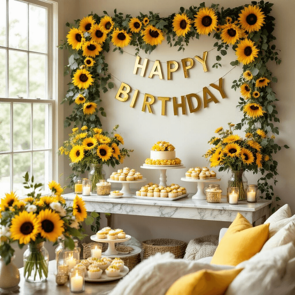 Sunflower Birthday Party: A Radiant Celebration of Joy and Creativity An intimate indoor birthday celebration featuring a cozy living room corner with a dessert table against a DIY sunflower wall, highlighted by soft morning light. The marble-topped console table is draped in ivory linen and decorated with fresh sunflower and eucalyptus garlands, tiered stands of sunflower-themed cupcakes and cookies, mason jars of sunflower arrangements, and twinkling tea lights. A metallic gold 'Happy Birthday' banner hangs above, complemented by yellow and white throw pillows.