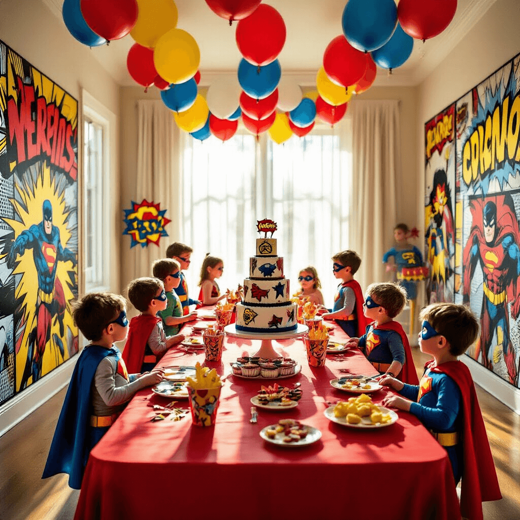 A vibrant superhero-themed birthday party in a sunlit living room, featuring oversized comic book panels, colorful balloon garlands, a red table with themed treats, and excited children in capes and masks playing under soft, natural light.
