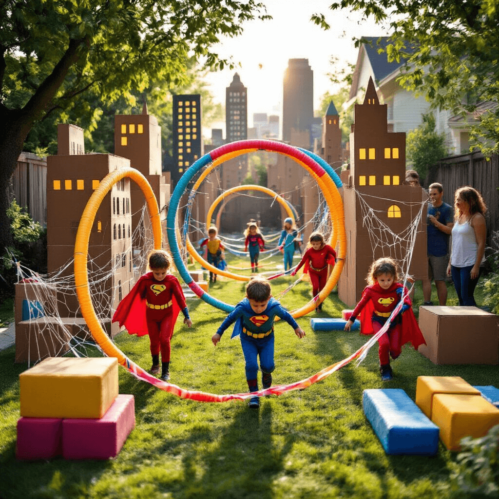 A vibrant superhero obstacle course in a lush backyard, featuring handmade cardboard cityscapes, colorful pool noodles, and foam blocks. Children in costumes navigate through streamers and crawl under a mesh 'laser grid', while fairy lights twinkle above. Proud parents cheer from the sidelines.