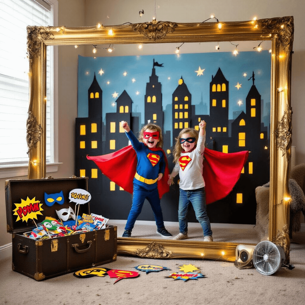 A whimsical superhero photo booth in a cozy apartment corner features a hand-painted cityscape backdrop with LED lights, an ornate gold frame as a photo border, a vintage trunk filled with superhero props, and two excited children posing mid-action with billowing capes, illuminated by soft window light.