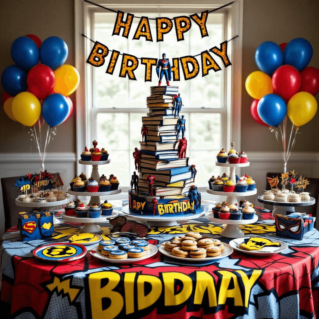 An elaborate superhero-themed dessert table featuring a comic book print tablecloth, tiered cake stands with shield-shaped cookies and masked cupcakes, a towering cake resembling stacked comic books with edible superhero figurines, colorful balloon bouquets, and a 'Happy Birthday' banner, all illuminated by dramatic lighting.