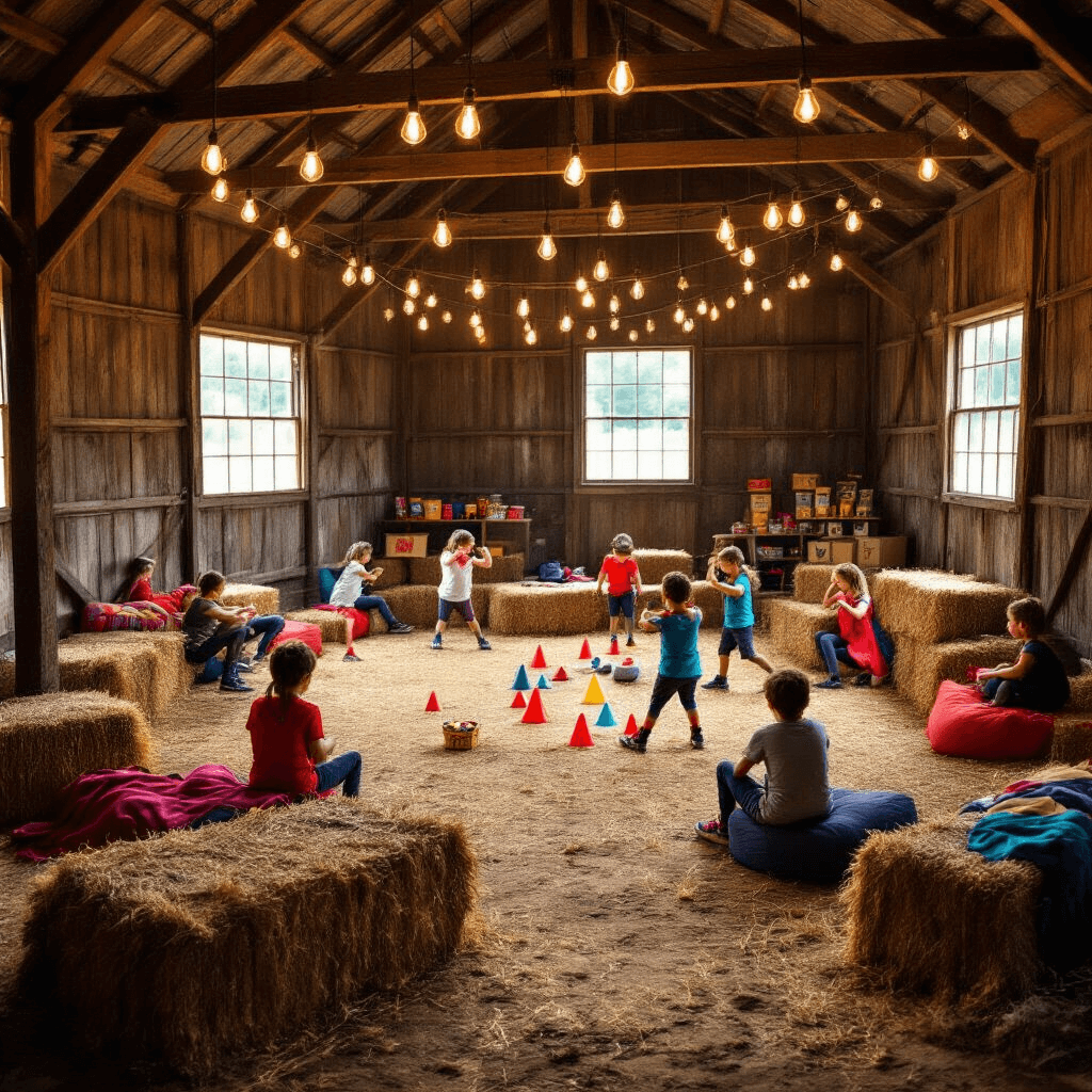 A vibrant superhero training camp inside a rustic barn, featuring children at various training stations with foam dumbbells, agility cones, and a bean bag toss, surrounded by hay bales and warm Edison bulb lighting, while shafts of sunlight illuminate the lively scene.