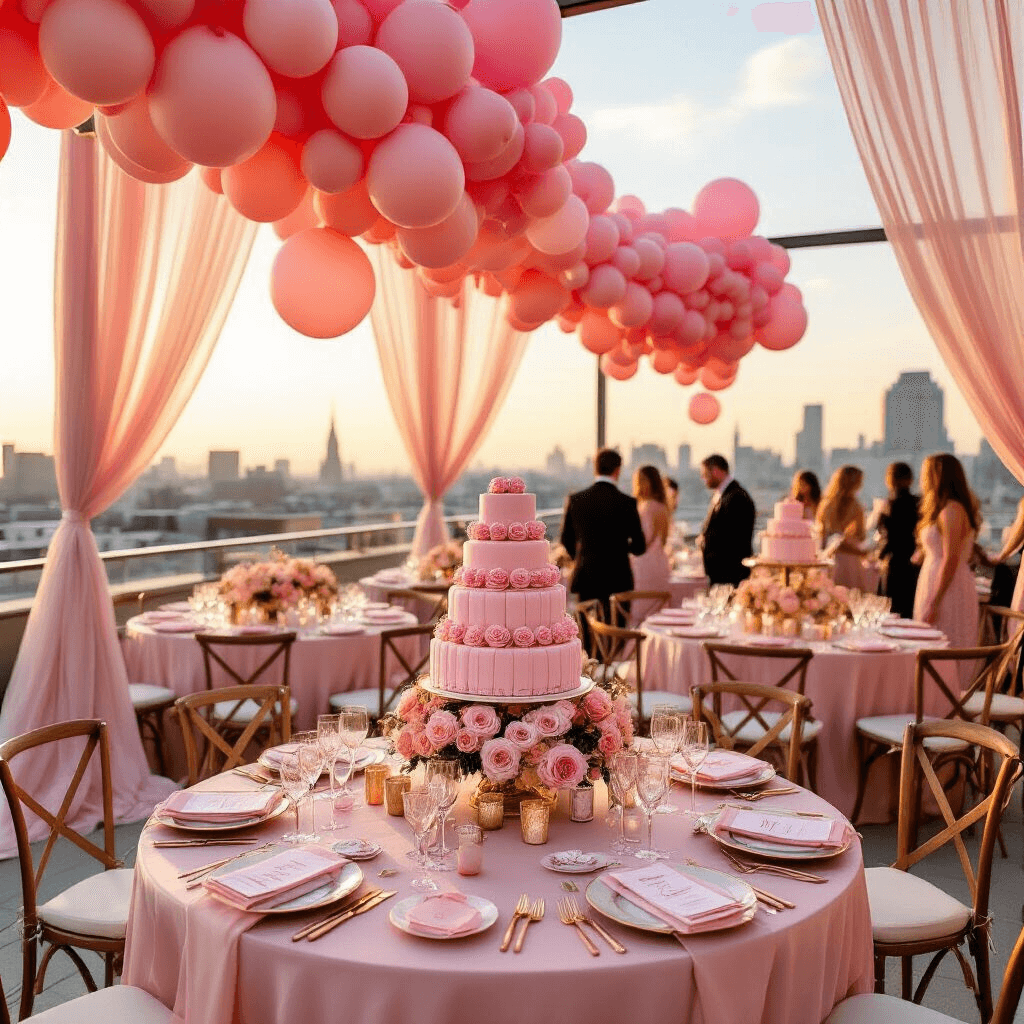 Pink Balloons: Your Ultimate Guide to Stunning Event Styling A vibrant rooftop terrace at golden hour, featuring cascading pink ombre balloon installations, round tables with blush silk linens and floral centerpieces, rose gold cutlery, a pink macaron tower on a dessert cart, and a champagne wall with fresh roses, all set against a cityscape view.