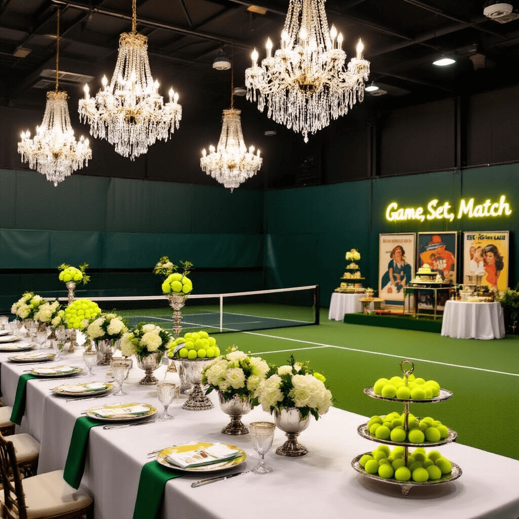 Ace Your Tennis Birthday Party: The Ultimate Guide to a Smashing Celebration An elegant indoor tennis facility adorned for a sophisticated birthday soirée, featuring crystal chandeliers, long banquet tables with white linens and green/yellow accents, tennis-themed centerpieces in trophy cups, a dessert cart with tiered treats, and a neon sign saying 'Game, Set, Match' near a photo booth with astroturf and vintage tennis posters.