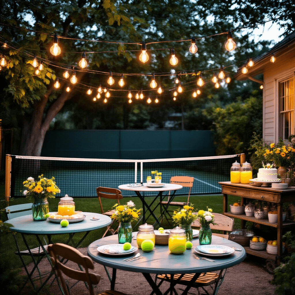 Ace Your Tennis Birthday Party: The Ultimate Guide to a Smashing Celebration A whimsical tennis-themed birthday party in a cozy backyard at twilight, featuring a portable net, mismatched vintage furniture, wildflower centerpieces, Edison bulb lighting, a wooden bar cart with lemonade, and a trophy table showcasing a birthday cake and tennis memorabilia.