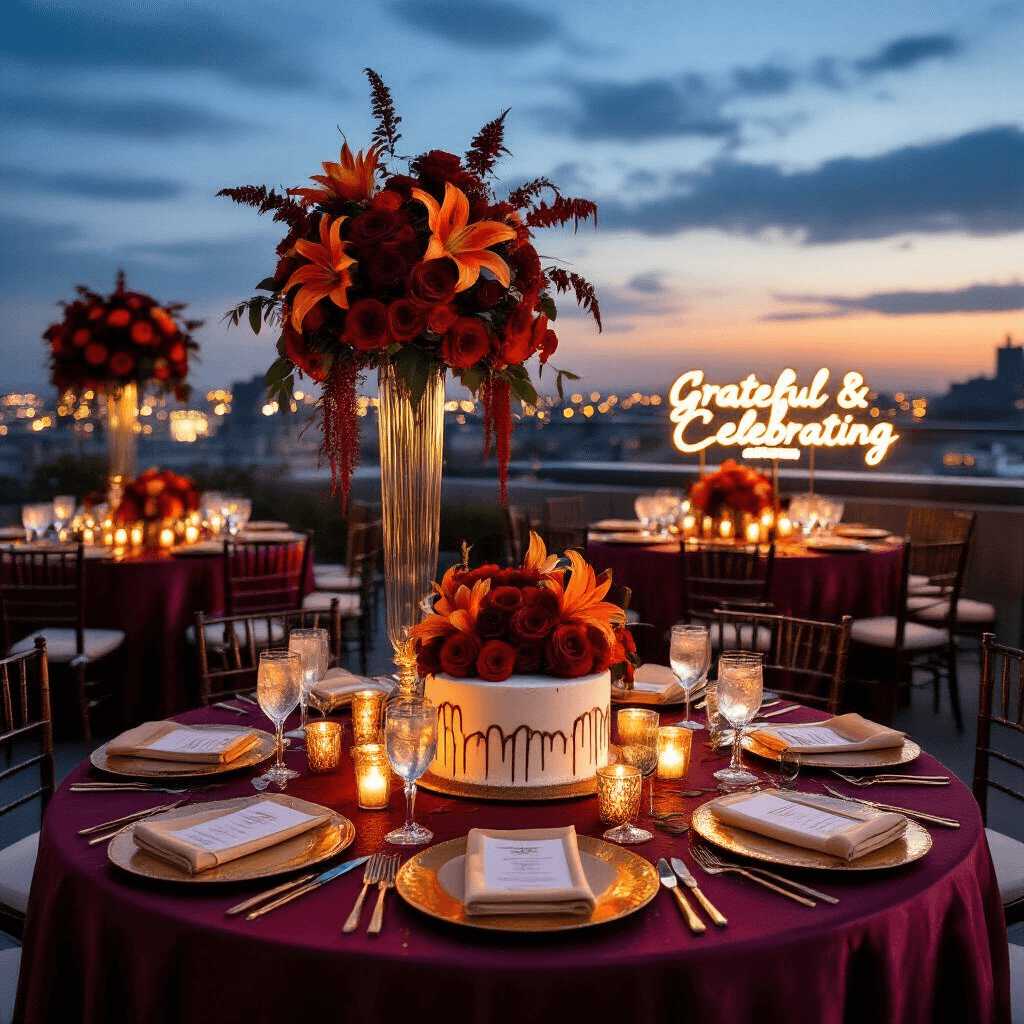 An elegant rooftop terrace adorned for a Thanksgiving birthday soirée at twilight, featuring round tables with burgundy tablecloths and gold sequin runners, tall floral centerpieces, gold-rimmed place settings, a glowing neon sign, and a stunning marbled cake surrounded by votive candles, with city lights twinkling in the background.