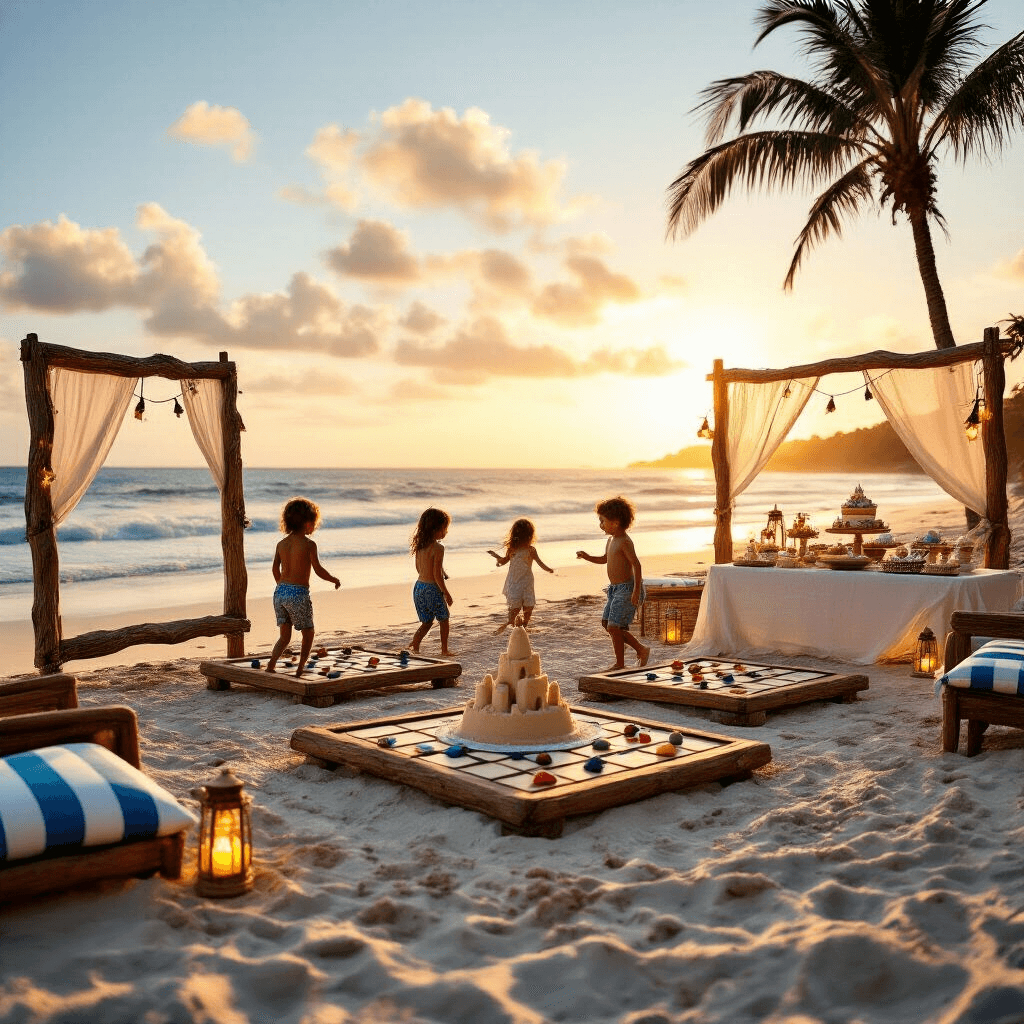 A vibrant beachfront scene at golden hour featuring oversized driftwood tic tac toe game boards with seashell and stone pieces, children playing joyfully, tiki torches and string lights illuminating cozy seating with blue and white cushions, and a dessert table adorned with a sandcastle cake amidst gentle waves and palm trees.