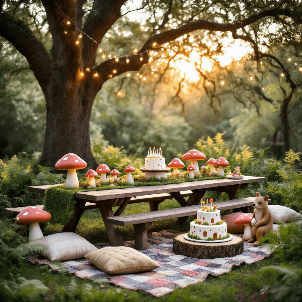 Magical Toadstool Birthday Party: Your Ultimate Guide to Woodland Whimsy A whimsical backyard birthday party scene featuring a long picnic table with a moss runner and handcrafted paper mushroom centerpieces, under twinkling fairy lights strung between oak trees at golden hour. A tiered toadstool cake sits on a wood slice, while plush mushroom pillows and a patchwork quilt create a cozy seating area, with woodland animal figurines and ferns enhancing the magical atmosphere. The color palette includes red and white toadstools, forest green, and earthy sienna tones.