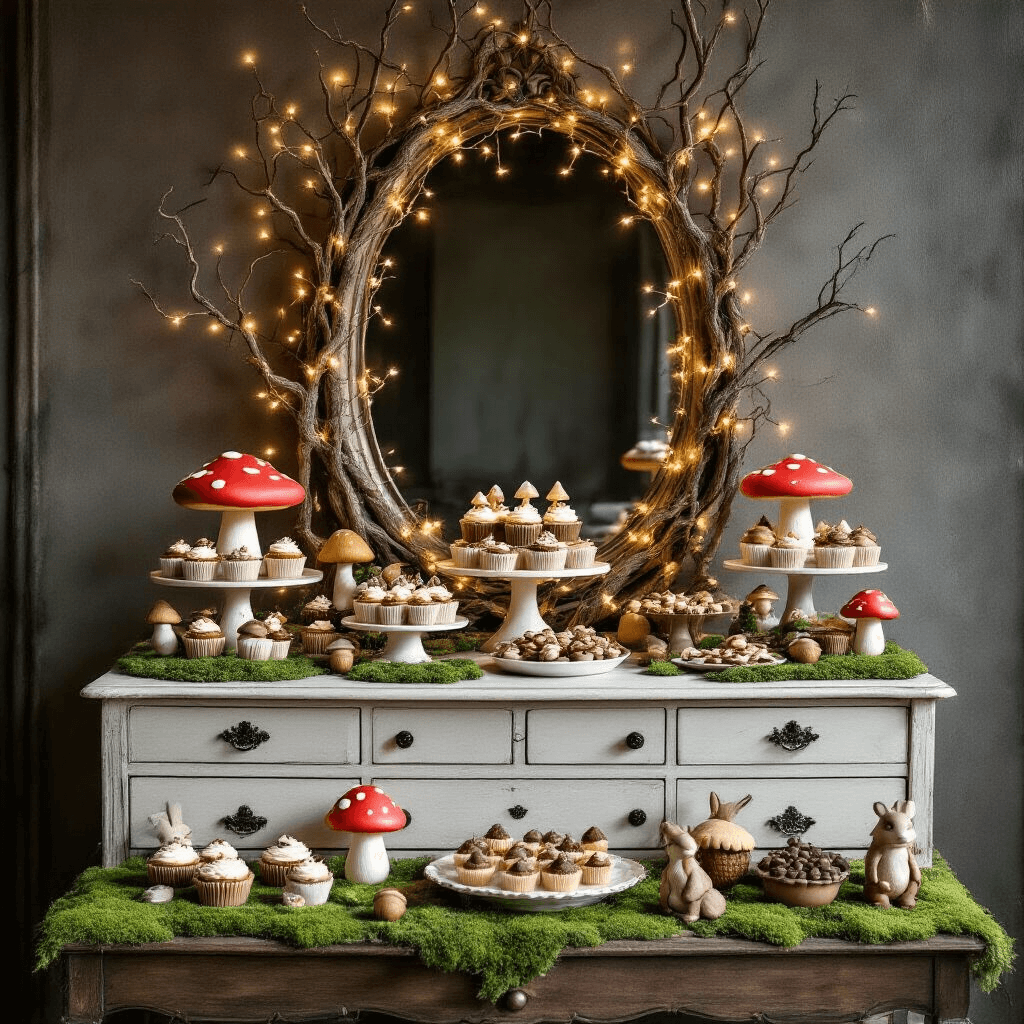 Magical Toadstool Birthday Party: Your Ultimate Guide to Woodland Whimsy A magical dessert station themed around toadstools, featuring a vintage dresser repurposed as a treat display, showcasing woodland-inspired sweets like cupcakes with mushroom caps, acorn-shaped cookies, and chocolate-dipped strawberries. The ambient lighting, intricate mirror frame, and moss table runners enhance the enchanting atmosphere with deep greens, browns, and red accents.