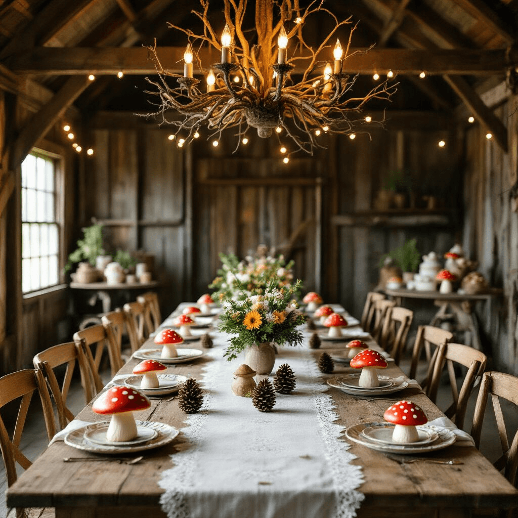 Magical Toadstool Birthday Party: Your Ultimate Guide to Woodland Whimsy An intimate birthday party vignette in a rustic barn featuring a farmhouse table with toadstool-themed place settings, a delicate lace runner, and a chandelier made of branches. The decor includes oversized paper flowers and a DIY photo booth, creating a cozy and whimsical atmosphere.