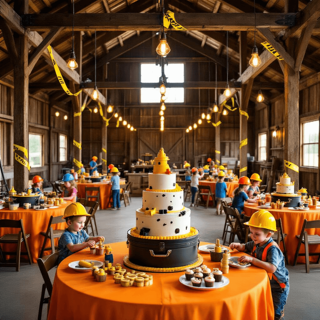 A rustic barn transformed into a construction-themed wonderland, featuring golden hour light, exposed wooden beams with caution tape, round tables with orange linens and toy tool set centerpieces, a dessert table with a toolbox cake and themed treats, and children in colorful hard hats engaged in building activities.