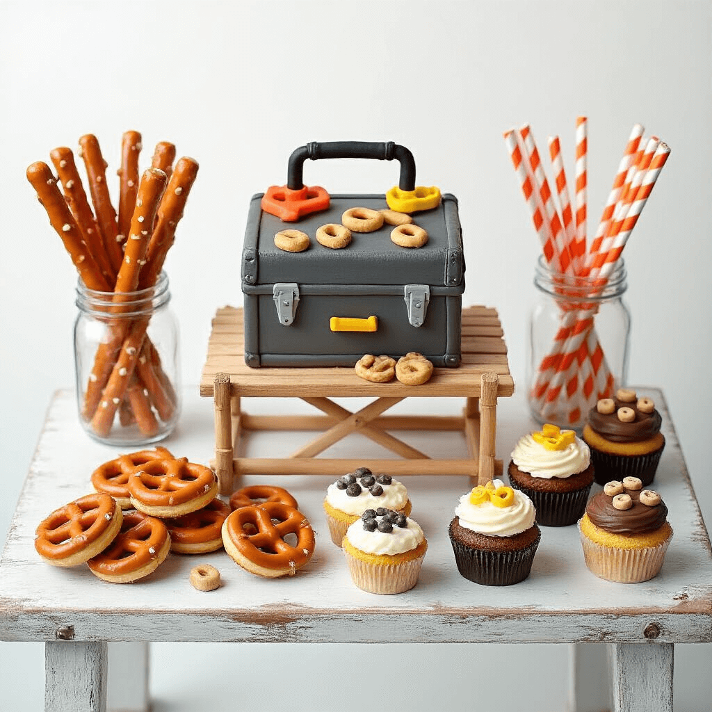 Overhead view of a 'Snack Attack' station with a distressed wood table featuring pretzel 'measuring sticks' in mason jars, frosted cookie 'wrenches' on a mini scaffolding, a toolbox-shaped cake with fondant tools, and cupcakes adorned with edible nuts and bolts, accented by safety orange striped paper straws.
