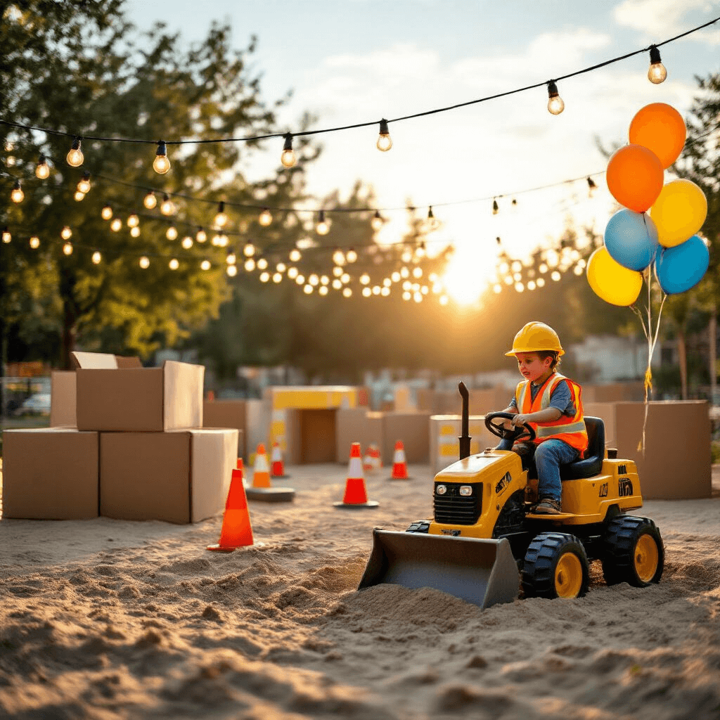 Cinematic outdoor construction zone play area at sunset, featuring a child in a yellow hard hat and safety vest operating a ride-on excavator in a sand pit, a DIY obstacle course made from painted cardboard boxes and traffic cones, and colorful balloons swaying in the breeze.