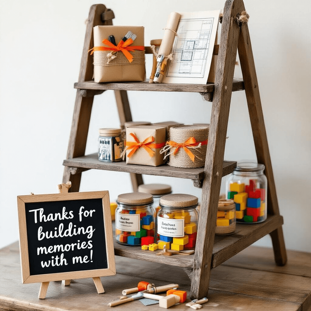 A beautifully styled party favor station featuring a vintage wooden ladder displaying kraft-wrapped mini toy tool sets, rolls of blueprints tied with orange ribbon, clear jars of colorful building blocks, and a hand-lettered chalkboard sign that reads 'Thanks for building memories with me!'.