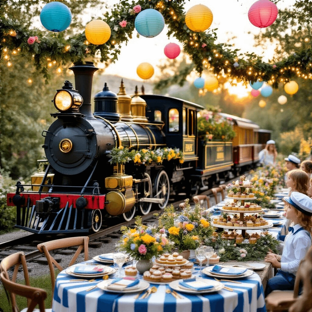 All Aboard the Ultimate Train Birthday Party: A Comprehensive Guide A whimsical garden train party at golden hour with a vintage steam engine backdrop adorned with fairy lights and floral garlands, round tables featuring blue and white striped linens and train car centerpieces filled with wildflowers, colorful paper lanterns and gold balloons overhead, and a dessert cart styled like a caboose displaying train-themed treats, all illuminated by soft, warm lighting.