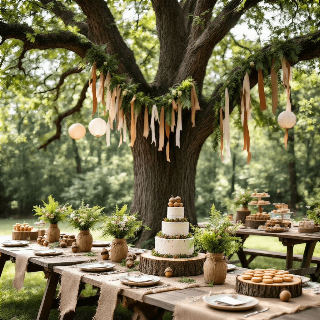 An enchanted forest party in a sun-dappled backyard features a majestic oak tree with cascading ribbons, long picnic tables with burlap runners and hollowed log vases, personalized wood slice name cards, acorn-topped mason jars, a tiered 'tree stump' cake, woodland creature cookies, paper lanterns, a hand-painted 'Happy Birthday' banner, and cozy seating nooks with oversized cushions and knit blankets.
