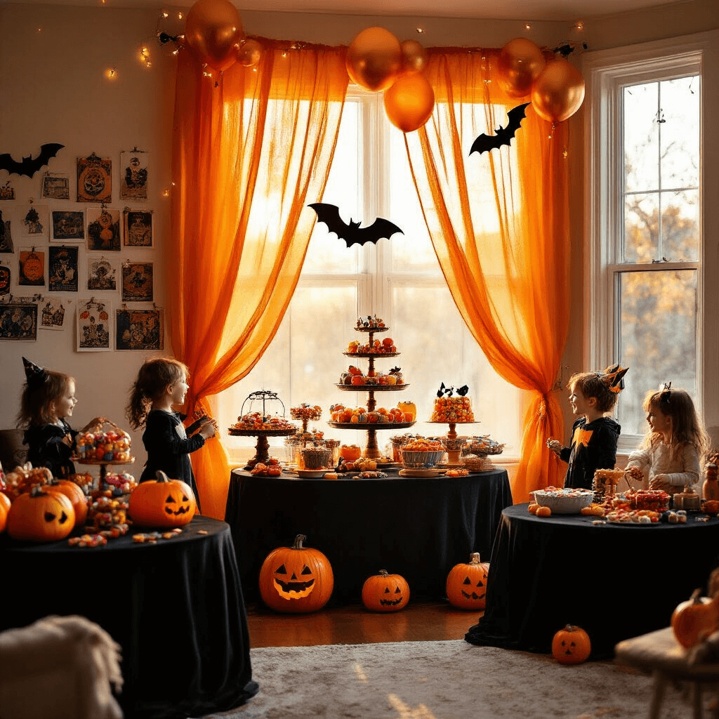 A cozy living room decorated for a whimsical trick-or-treat birthday party, featuring a DIY candy station with colorful treats, copper and gold balloon garlands, handmade paper bats, and round tables with orange pumpkin-shaped cakes. Children in costumes play party games, casting playful shadows on walls adorned with twinkling fairy lights and vintage Halloween postcards. Warm sunlight filters through sheer orange curtains, creating a festive atmosphere.