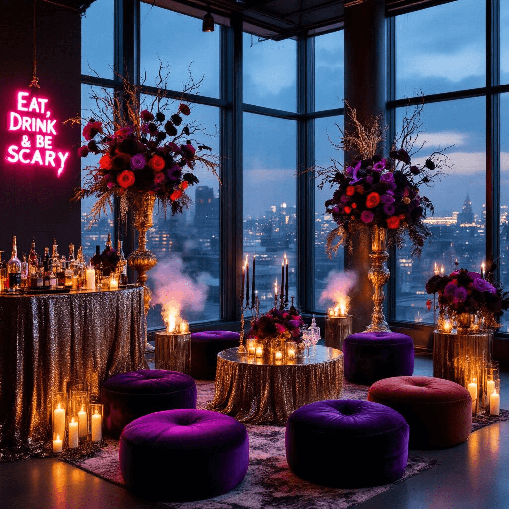 A luxurious Halloween birthday party in a modern loft with city views, featuring cocktail tables with sequined linens, plush velvet poufs, dramatic floral arrangements, an apothecary-style mixology station, eerie candelabras, and a neon 'Eat, Drink & Be Scary' sign.