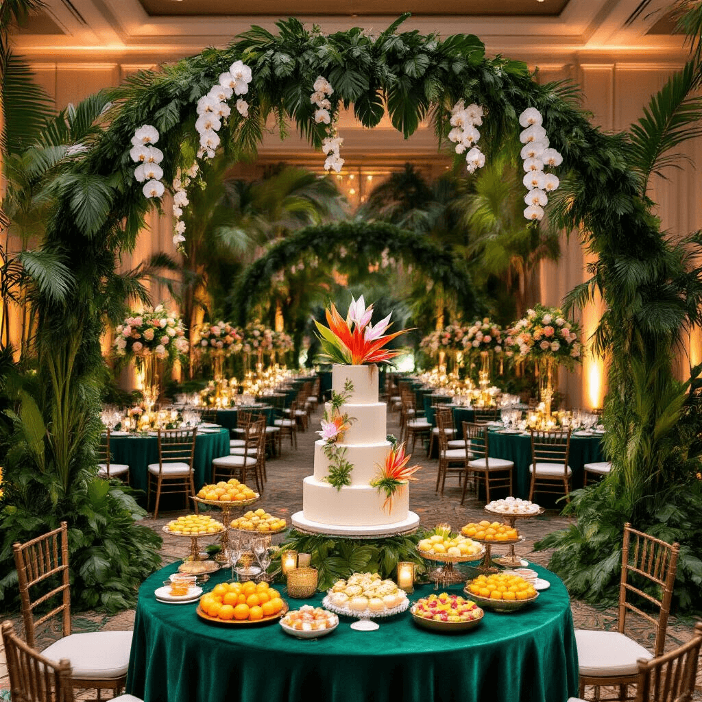 Tropical Birthday Party: Your Ultimate Guide to a Paradise-Perfect Celebration An elegant gala in a transformed tropical ballroom featuring palm trees, a greenery arch, emerald velvet tables with tall floral centerpieces, a dessert station with a tiered cake and fruit tarts, and warm uplighting creating a magical ambiance.