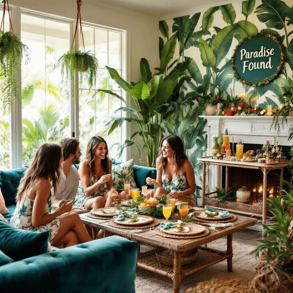 Tropical Birthday Party: Your Ultimate Guide to a Paradise-Perfect Celebration Cozy living room decorated for a tropical birthday gathering, featuring banana leaf wallpaper, a low coffee table set with rattan placemats and gold-rimmed glassware, a DIY tiki bar cart, potted palms, and plush teal sofas, with guests enjoying snacks and drinks in a warm, inviting atmosphere.