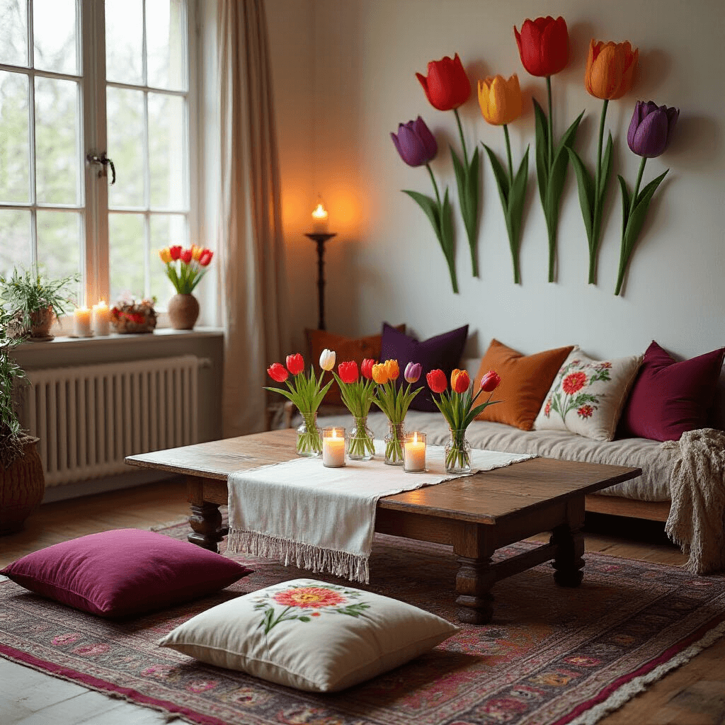Tulip Birthday Party: A Blooming Celebration of Color and Style A cozy living room transformed for a tulip birthday party, featuring a low coffee table with a white linen runner and bud vases of vibrant tulips, surrounded by plush floor cushions and floral throw pillows, all illuminated by warm candlelight with a DIY paper tulip installation on the wall.