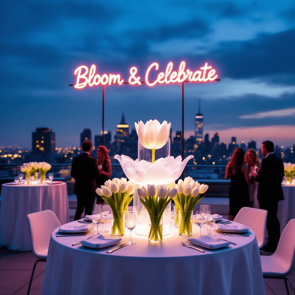 Tulip Birthday Party: A Blooming Celebration of Color and Style A modern rooftop terrace set for a chic cocktail party, featuring high-top tables with white linens and minimalist white tulip arrangements, a neon sign reading 'Bloom & Celebrate,' a tulip-shaped ice sculpture champagne fountain, and a twinkling city skyline at twilight.
