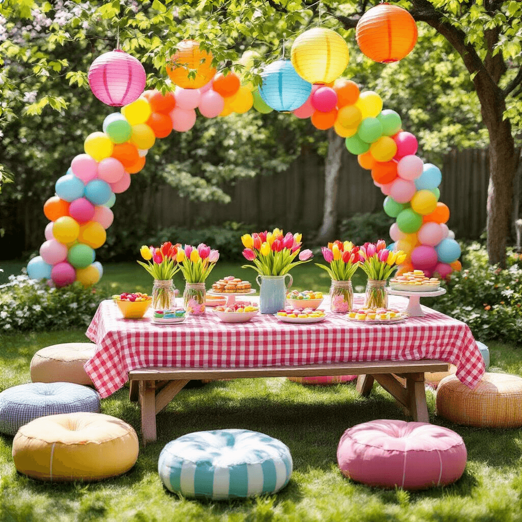 Tulip Birthday Party: A Blooming Celebration of Color and Style A whimsical children's tulip party setup in a sunlit backyard featuring a low picnic table with a gingham cloth, colorful poufs, bright paper lanterns, a rainbow balloon arch, mason jars filled with rainbow-colored tulips, bowls of tulip-shaped cookies, and a homemade tulip piñata, captured from a slightly elevated angle.