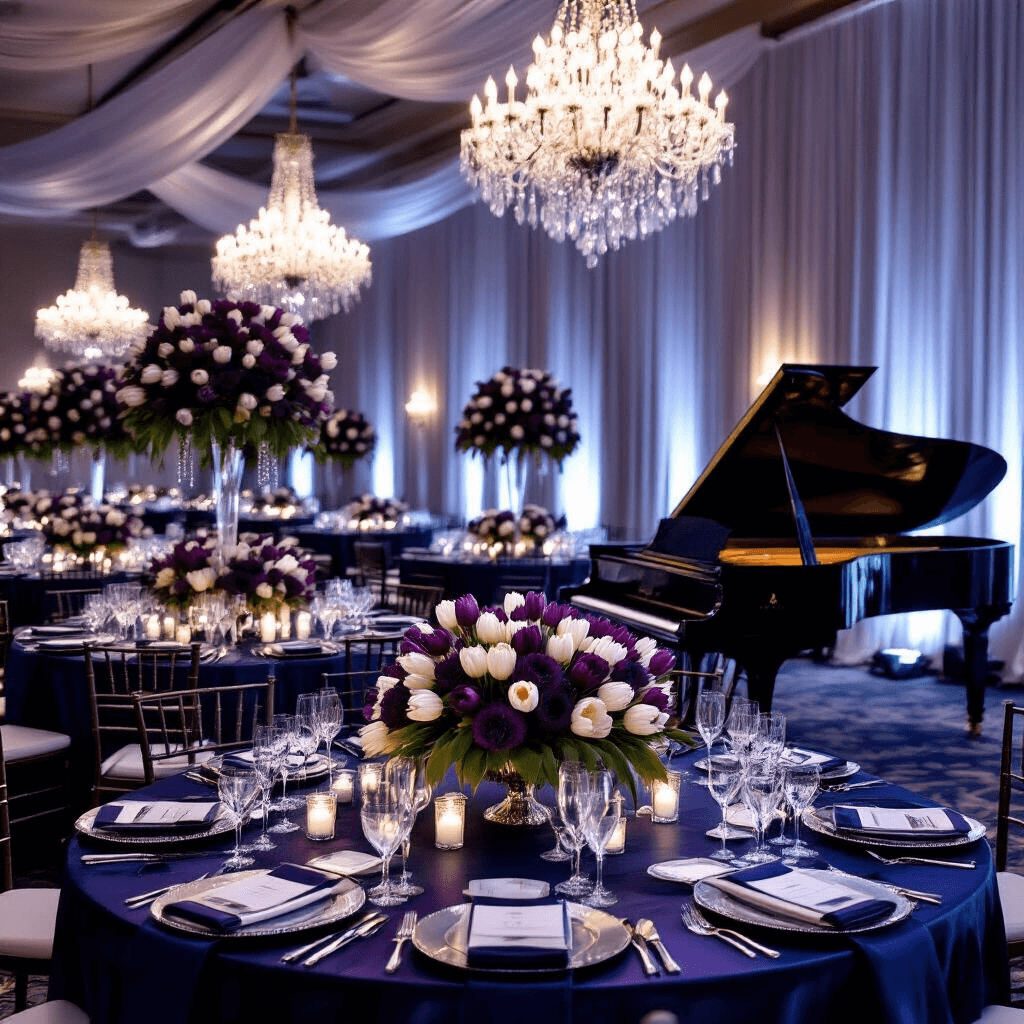 Tulip Birthday Party: A Blooming Celebration of Color and Style An elegant indoor ballroom set for a black-tie tulip gala, featuring long midnight blue silk tables adorned with cascading arrangements of deep purple and white tulips, crystal chandeliers, a grand piano overflowing with tulips, and sheer silver-draped windows revealing a starry night sky.