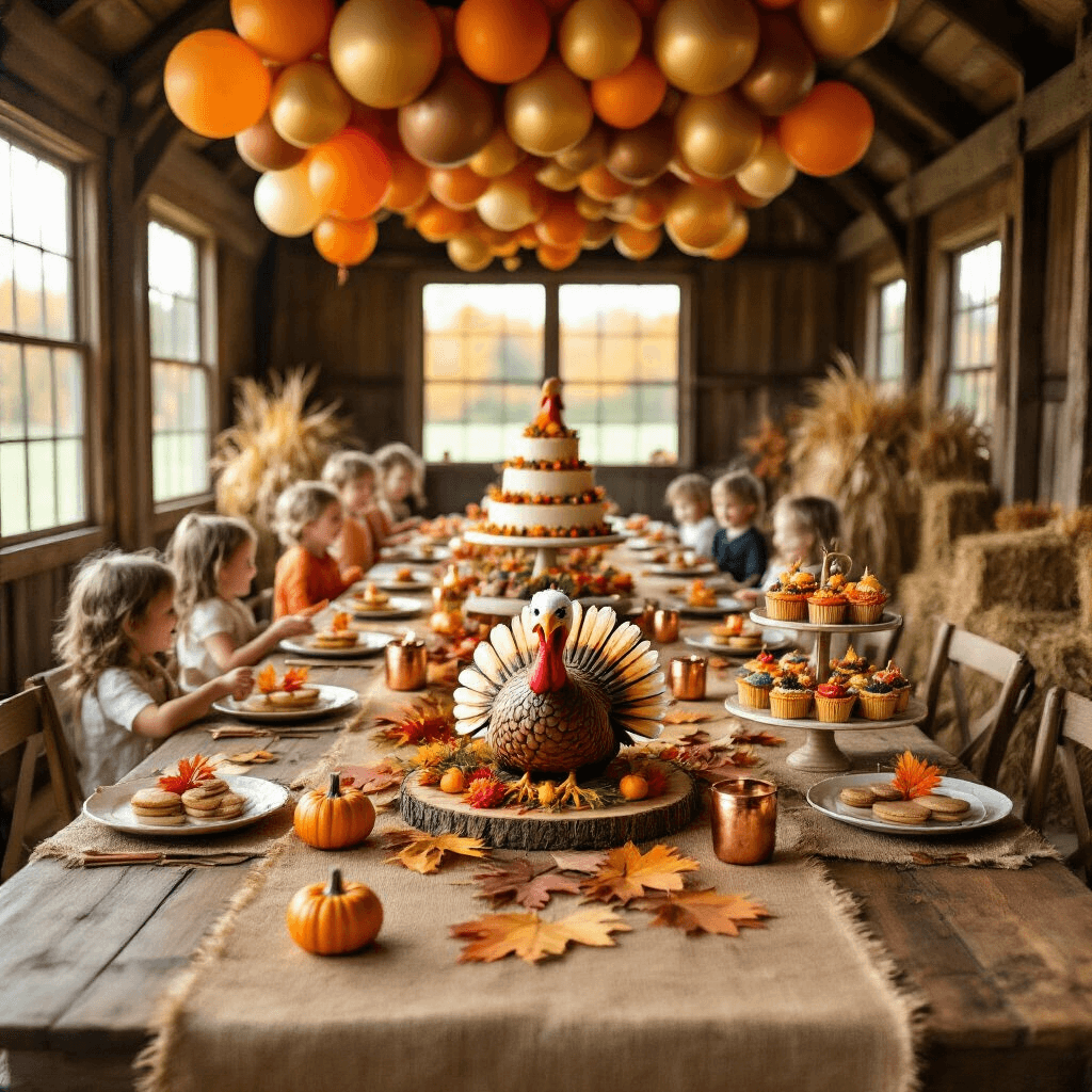 A whimsical turkey-themed birthday party set in a rustic barn, featuring long wooden tables with burlap runners and colorful fall leaves, turkey figurine centerpieces, a turkey-shaped cake, autumn-themed desserts, and children playing pin-the-feather-on-the-turkey against hay bales.