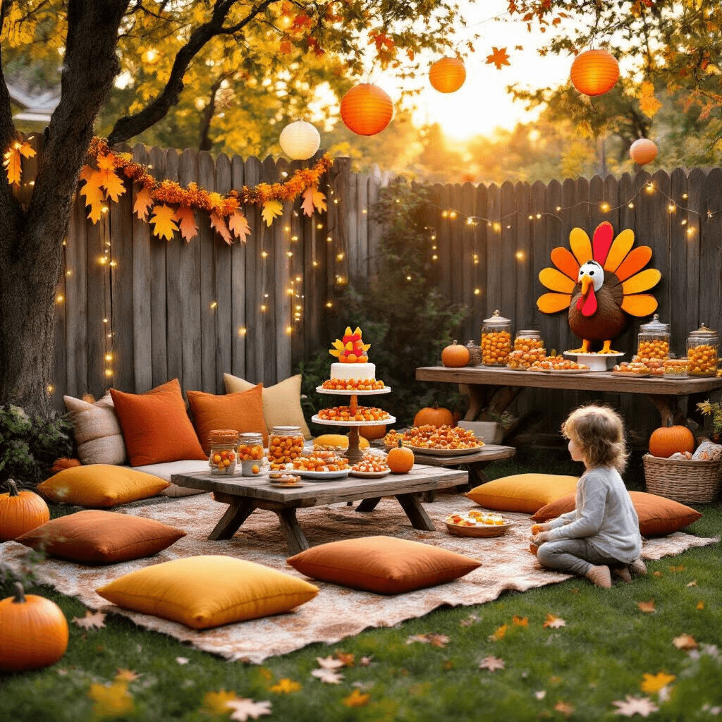 An inviting backyard scene for a fall birthday party, featuring cozy picnic tables with autumn-colored cushions, a whimsical photo booth with turkey props, a dessert station with a turkey-shaped cake and candy jars, and children engaging in pumpkin relay races, all enhanced by twinkling fairy lights and colorful decorations.