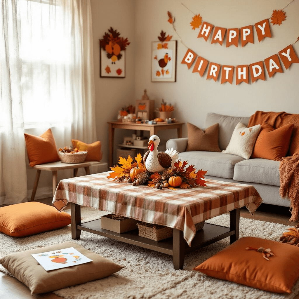 A cozy living room decorated for a turkey-themed birthday gathering, featuring a plaid coffee table centerpiece with faux autumn leaves and a turkey figurine, warm-colored floor pillows for seating, a craft station with turkey-themed supplies, handmade turkey artwork on the walls, and gifts wrapped in kraft paper.