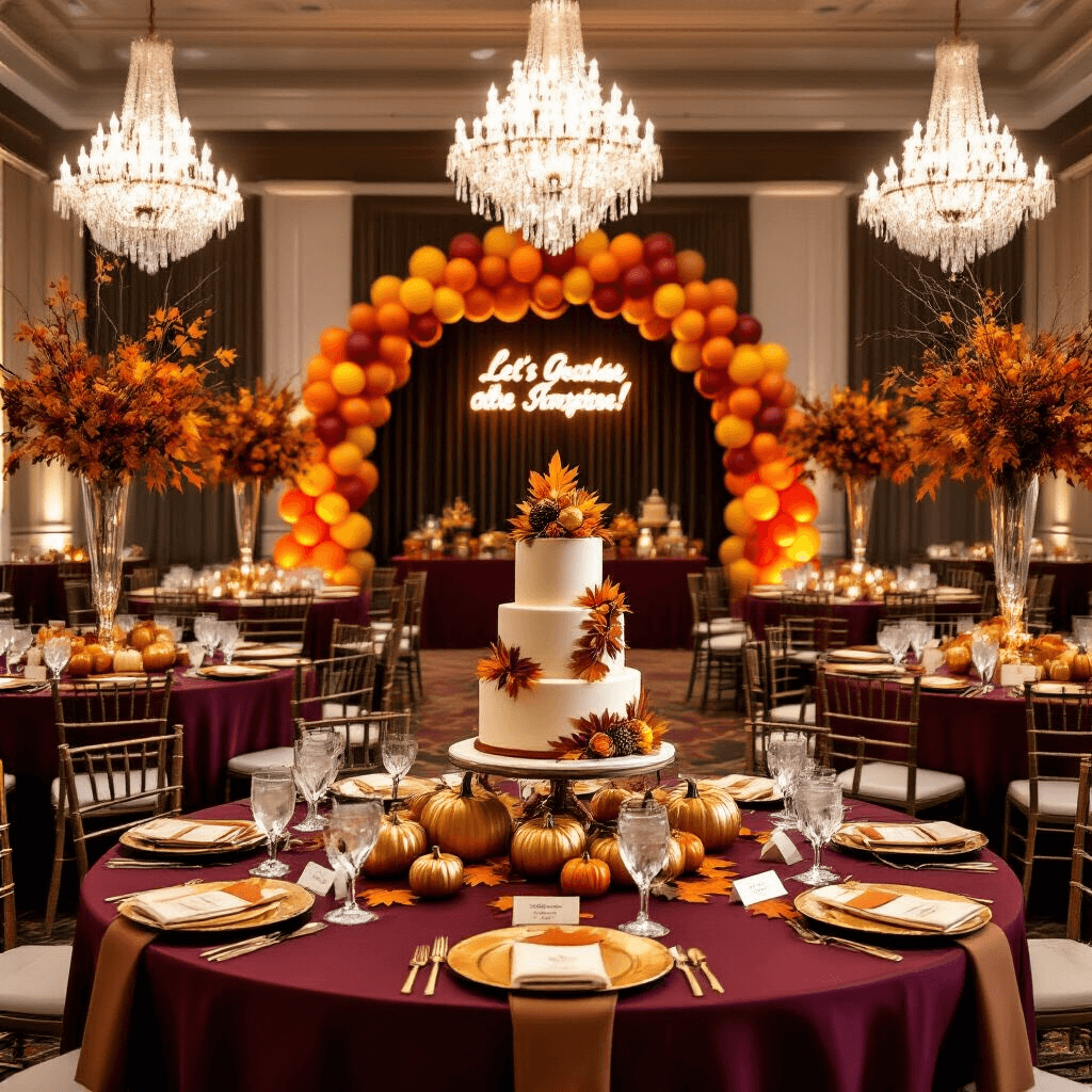 An elegant ballroom decorated for a turkey-themed celebration, featuring crystal chandeliers, round tables with burgundy linens, autumn branch centerpieces, gold charger plates, and a grand dessert table with a multi-tiered cake. Balloon arches in ombré shades of orange, yellow, and brown frame the entrance, complemented by a modern neon sign that reads 'Let's Talk Turkey.'