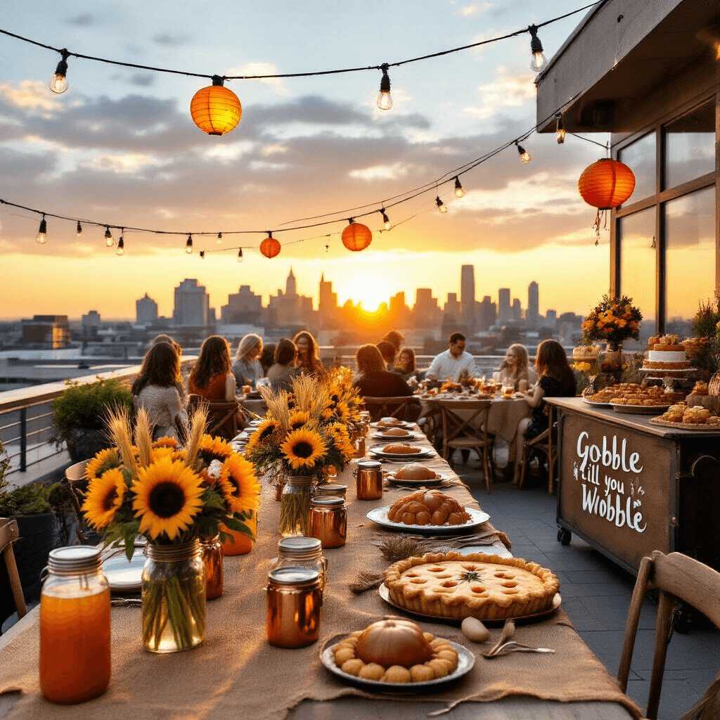 A whimsical rooftop terrace for a turkey-themed soirée, featuring bistro tables with burlap runners, mason jar centerpieces, and a city skyline backdrop. Strings of café lights and fall-colored lanterns illuminate the space, while a bar with a 'gobble till you wobble' sign serves apple cider. A dessert cart displays pumpkin pies and turkey-shaped cookies, with plush seating areas inviting relaxation against a vibrant sunset.